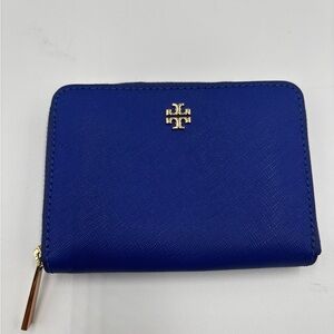 Tory Burch Emerson Blue Saffiano Leather Zip Coin Wallet EUC